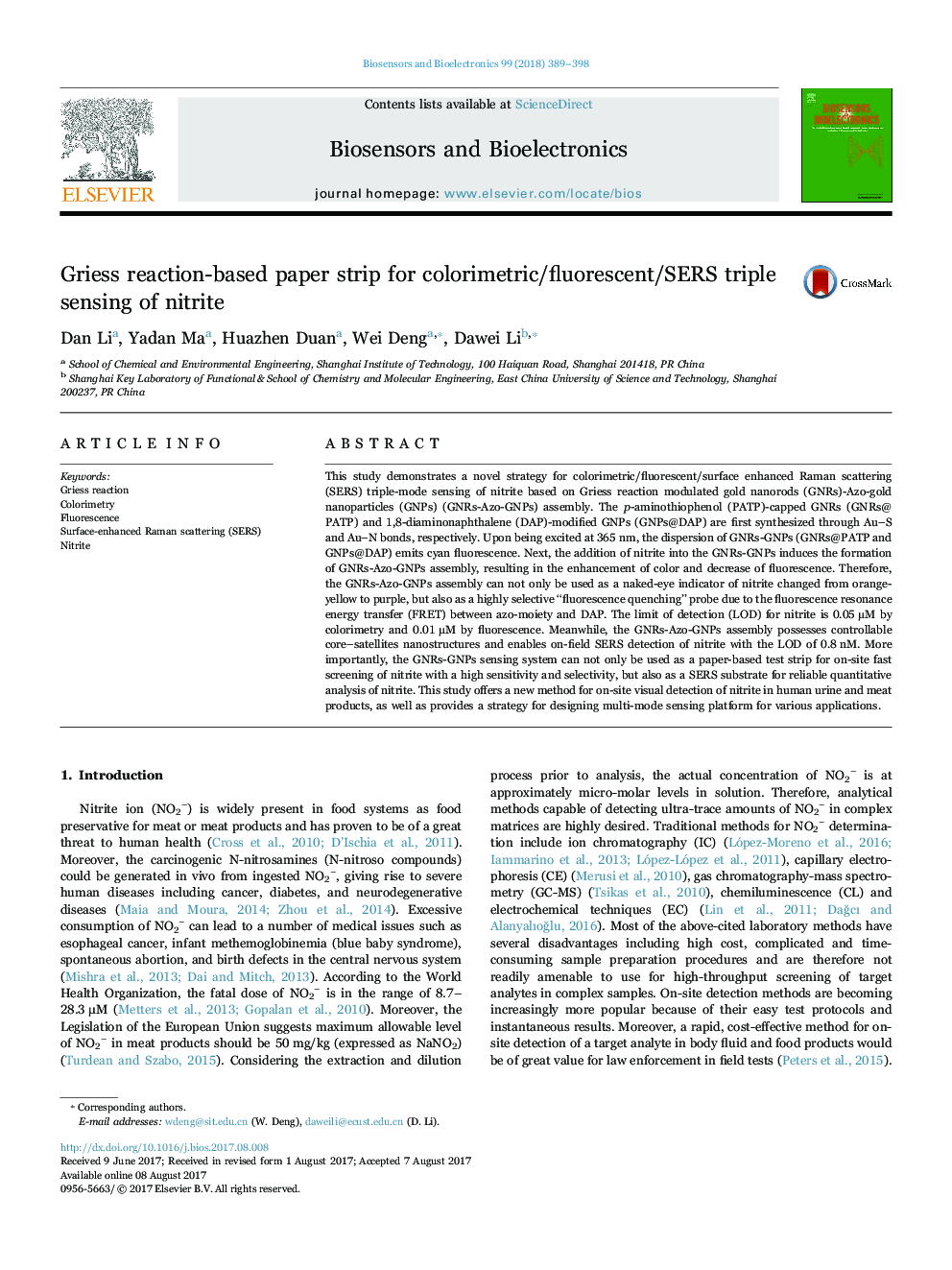 Griess reaction-based paper strip for colorimetric/fluorescent/SERS triple sensing of nitrite