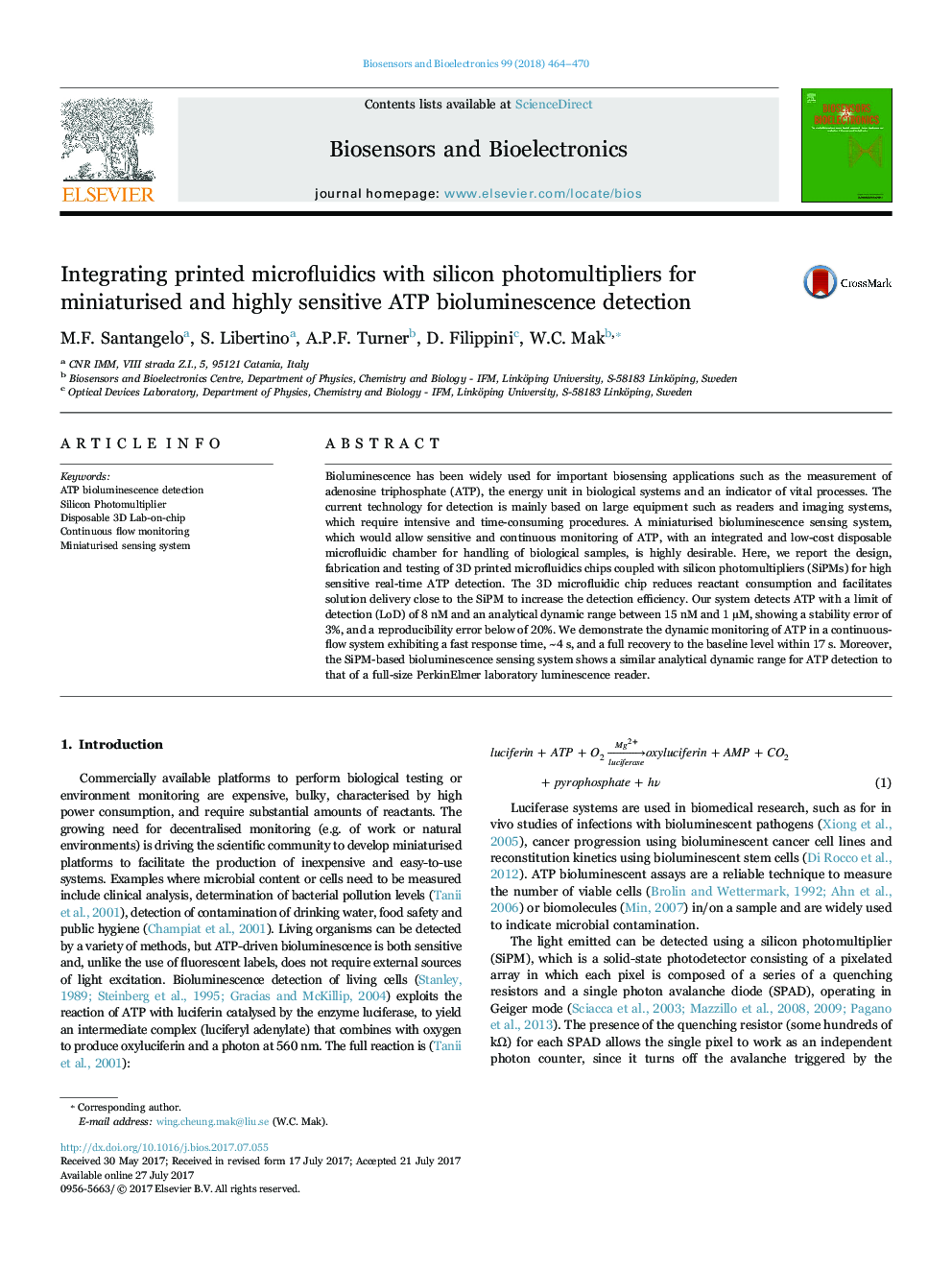 Integrating printed microfluidics with silicon photomultipliers for miniaturised and highly sensitive ATP bioluminescence detection