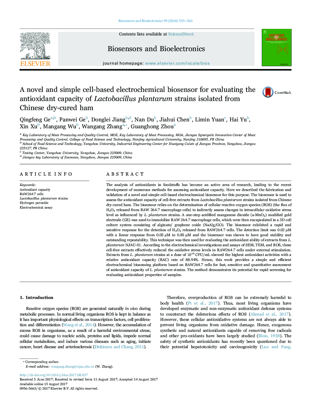 A novel and simple cell-based electrochemical biosensor for evaluating the antioxidant capacity of Lactobacillus plantarum strains isolated from Chinese dry-cured ham