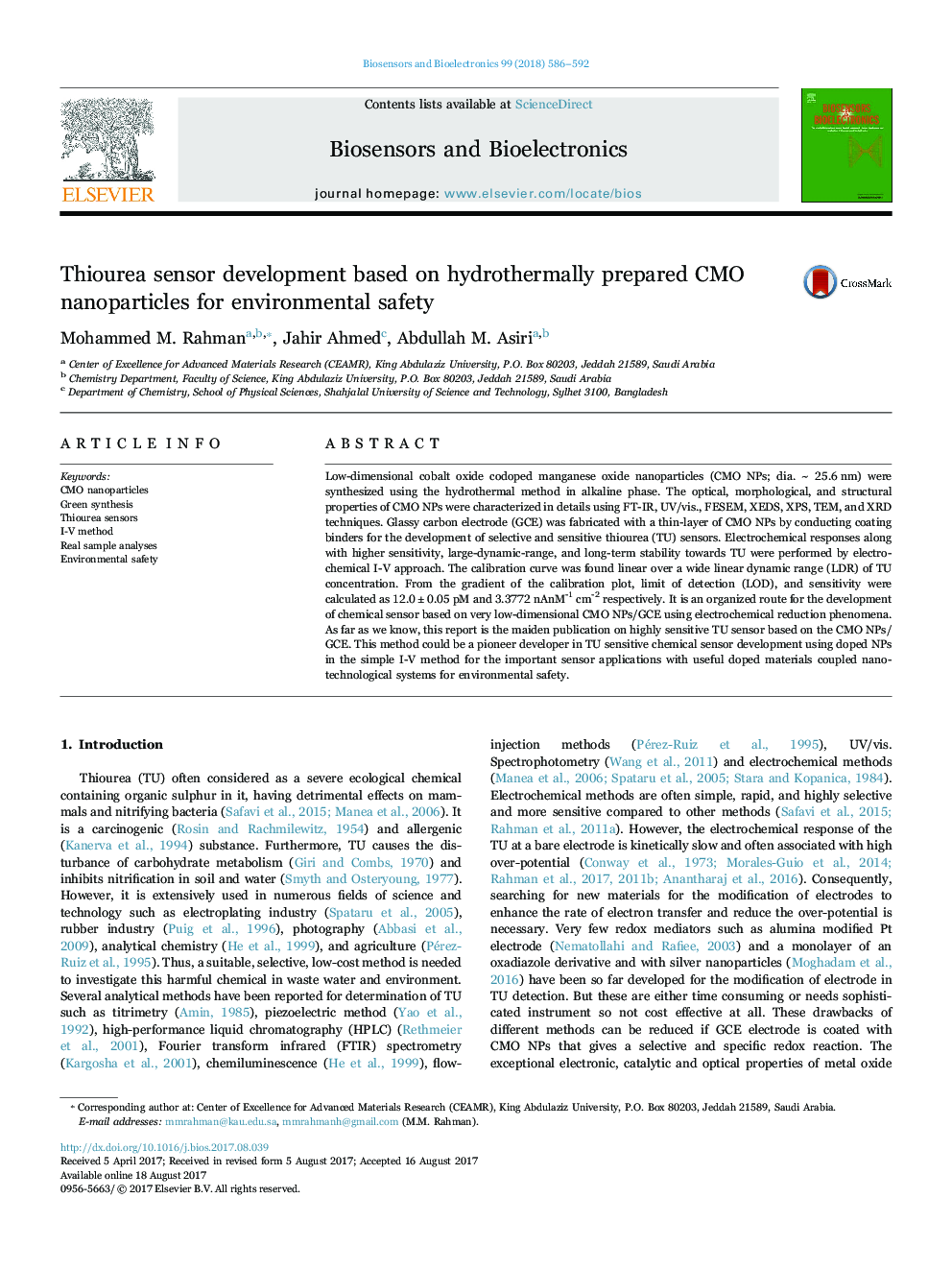 Thiourea sensor development based on hydrothermally prepared CMO nanoparticles for environmental safety