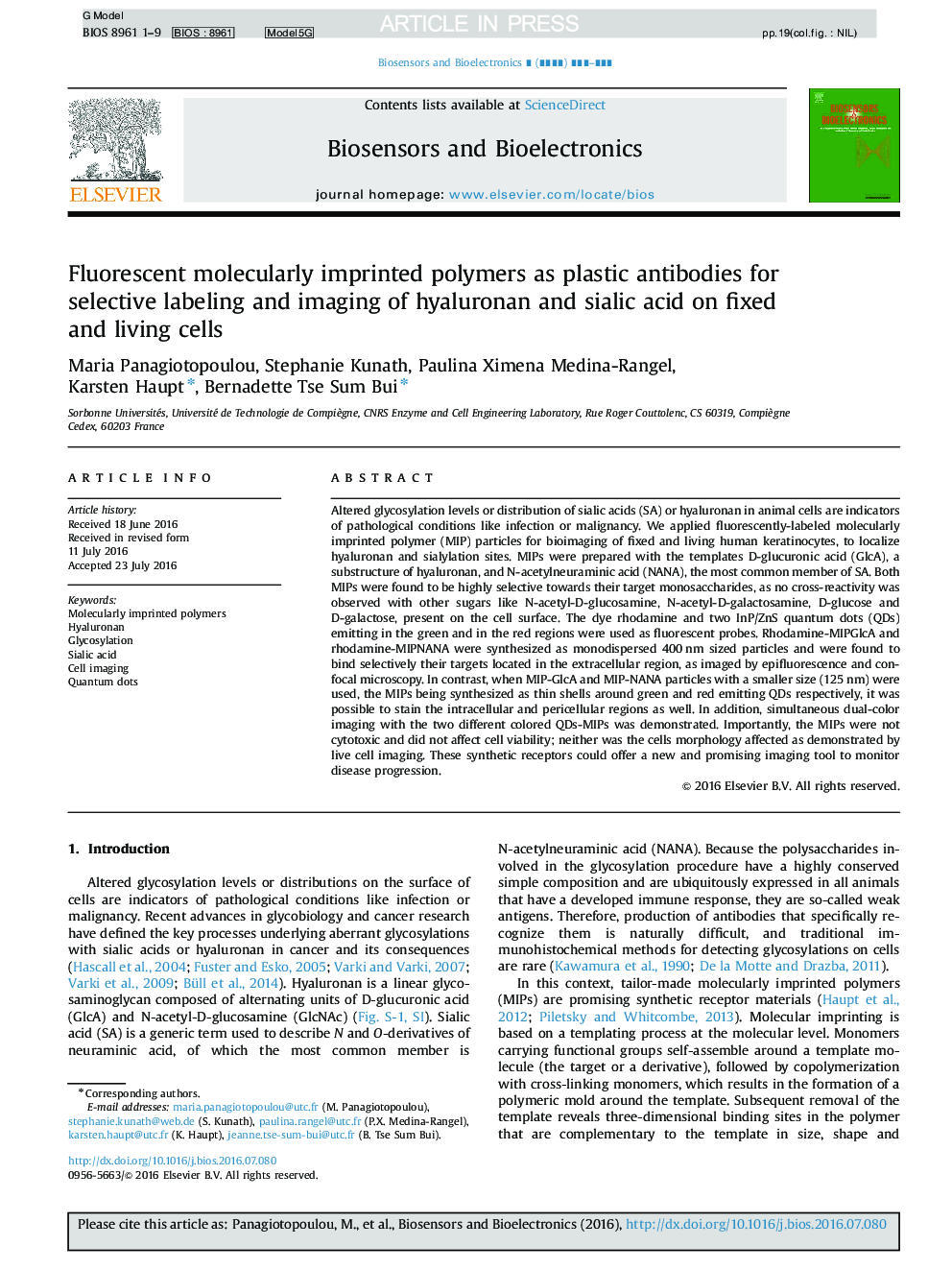 پلیمرهای فلورسنت مولکولی به عنوان آنتی بادی های پلاستیکی برای نشانه های انتخابی و تصویربرداری از هیالورونان و اسید سیالیک در سلول های ثابت و زنده 