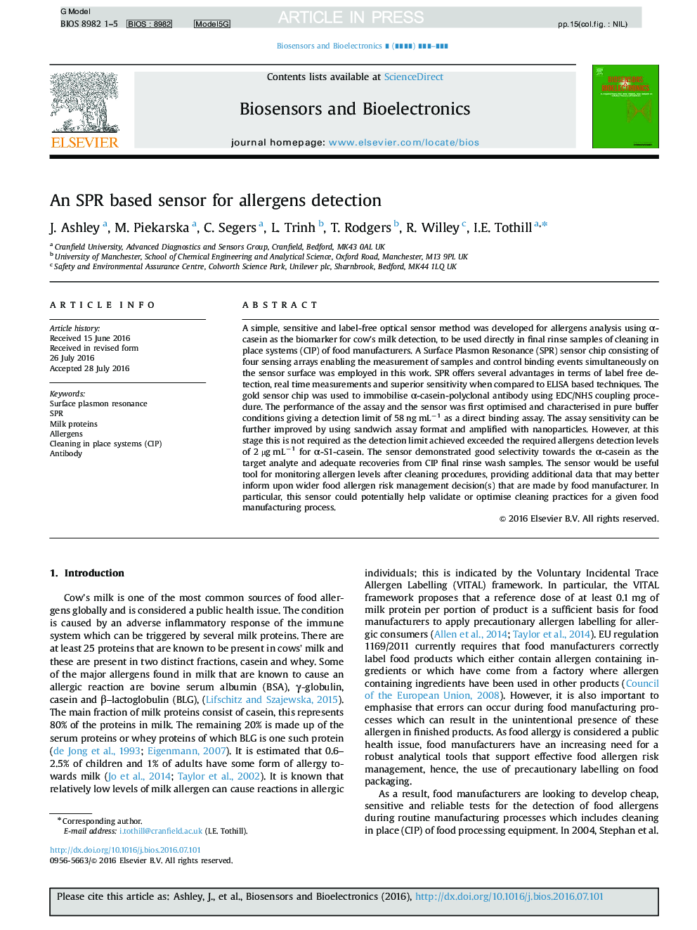 An SPR based sensor for allergens detection