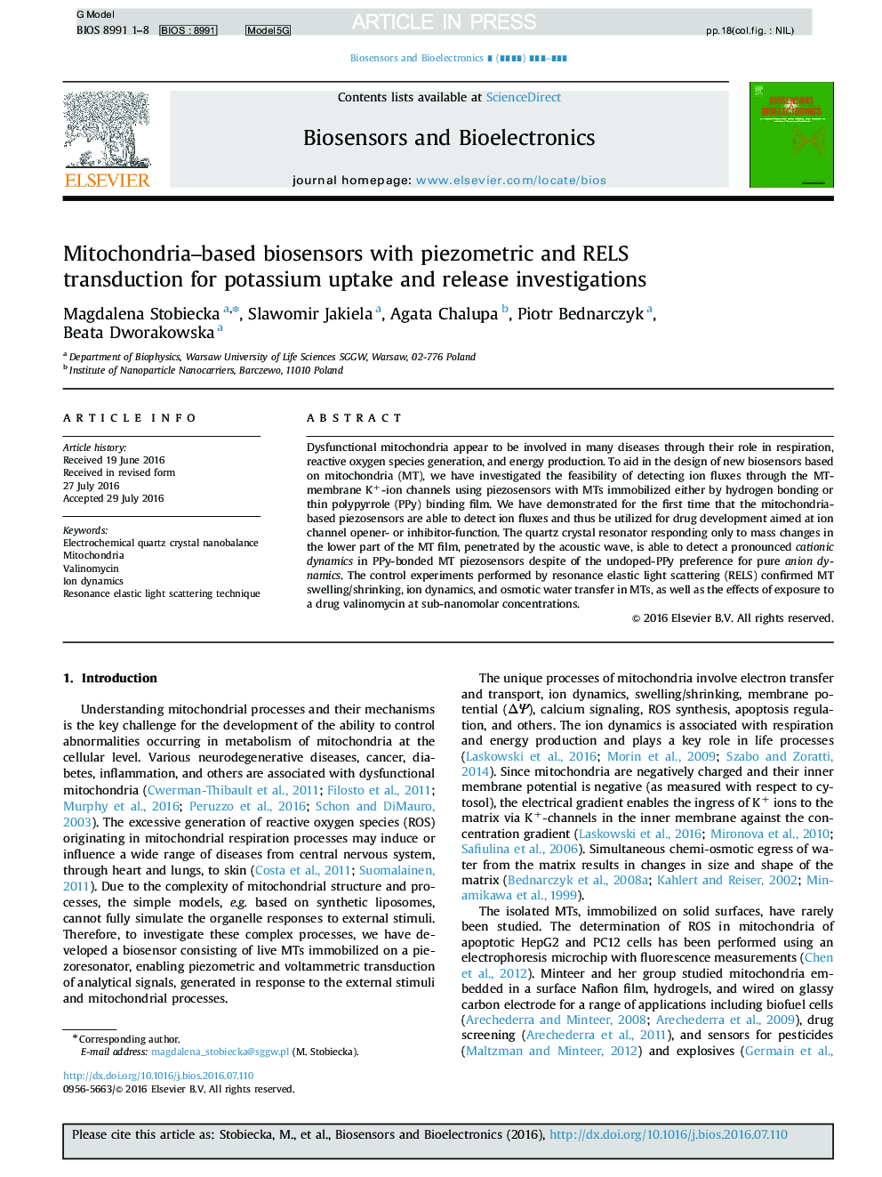 Mitochondria-based biosensors with piezometric and RELS transduction for potassium uptake and release investigations