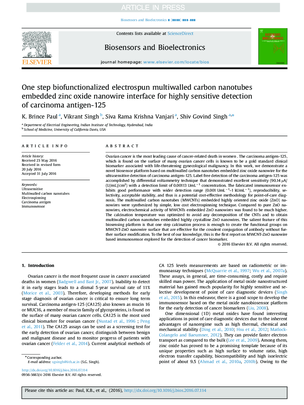 One step biofunctionalized electrospun multiwalled carbon nanotubes embedded zinc oxide nanowire interface for highly sensitive detection of carcinoma antigen-125