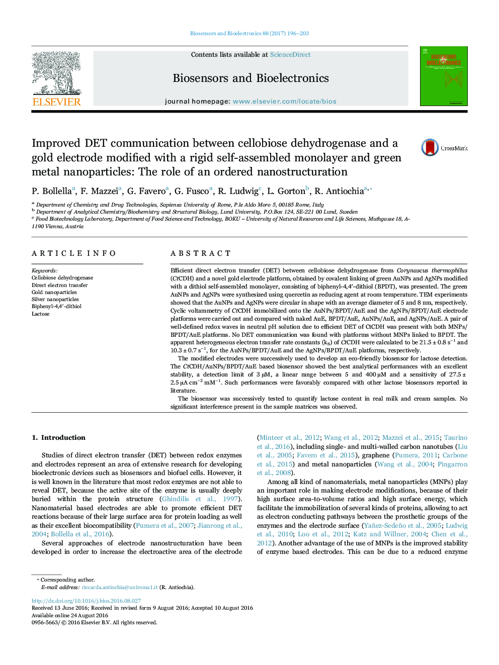 Improved DET communication between cellobiose dehydrogenase and a gold electrode modified with a rigid self-assembled monolayer and green metal nanoparticles: The role of an ordered nanostructuration