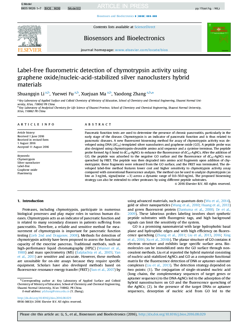تشخیص فلوئورومتریک بدون برچسب از فعالیت کیموتریپسین با استفاده از مواد هیبرید نانوکلاسترهای نقره تثبیت شده با اکسید گرافن / اسید پاشی 