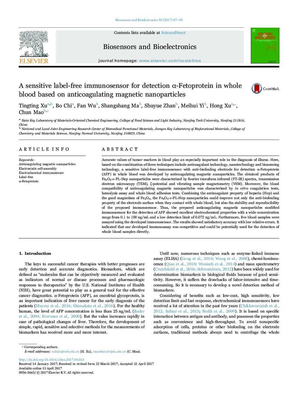 عکس صفحه اول مقاله: A sensitive label-free immunosensor for detection α-Fetoprotein in whole blood based on anticoagulating magnetic nanoparticles A sensitive label-free immunosensor for detection α-Fetoprotein in whole blood based on anticoagulating magnetic nanoparticles