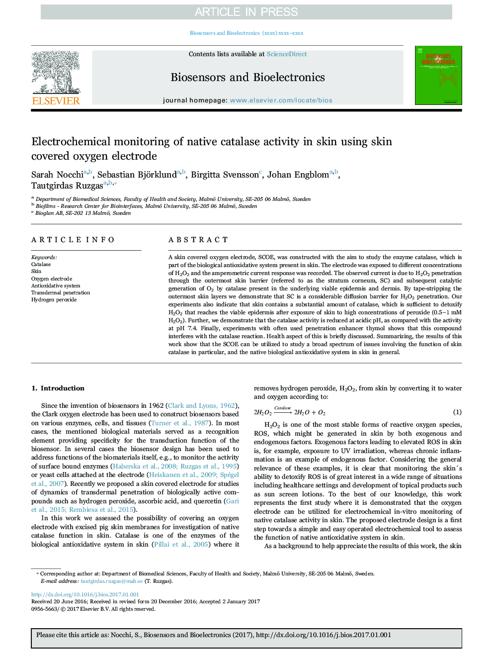 Electrochemical monitoring of native catalase activity in skin using skin covered oxygen electrode