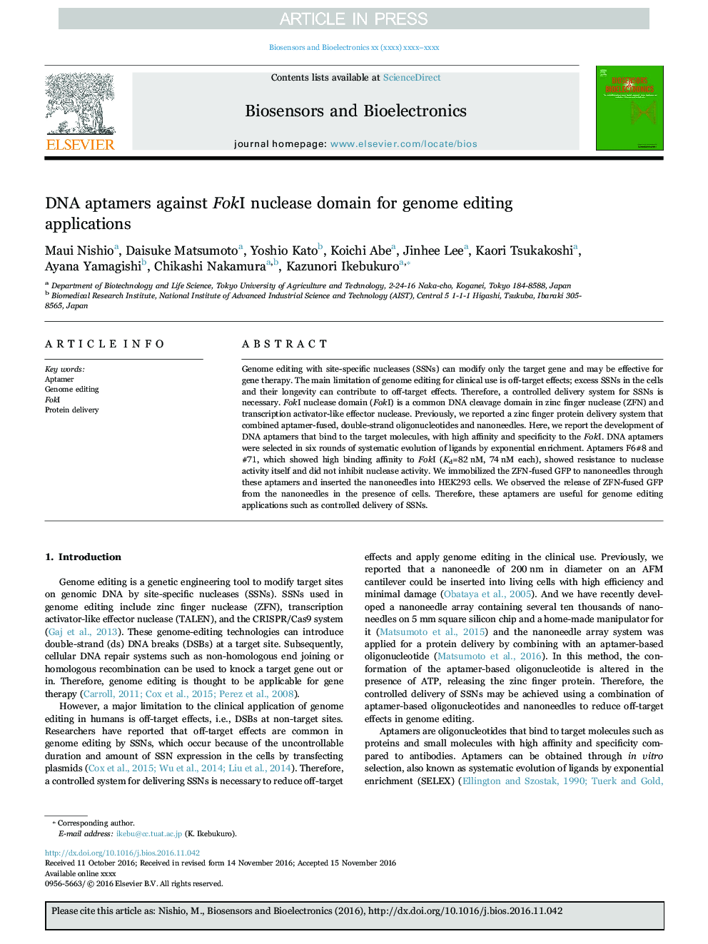 DNA aptamers against FokI nuclease domain for genome editing applications