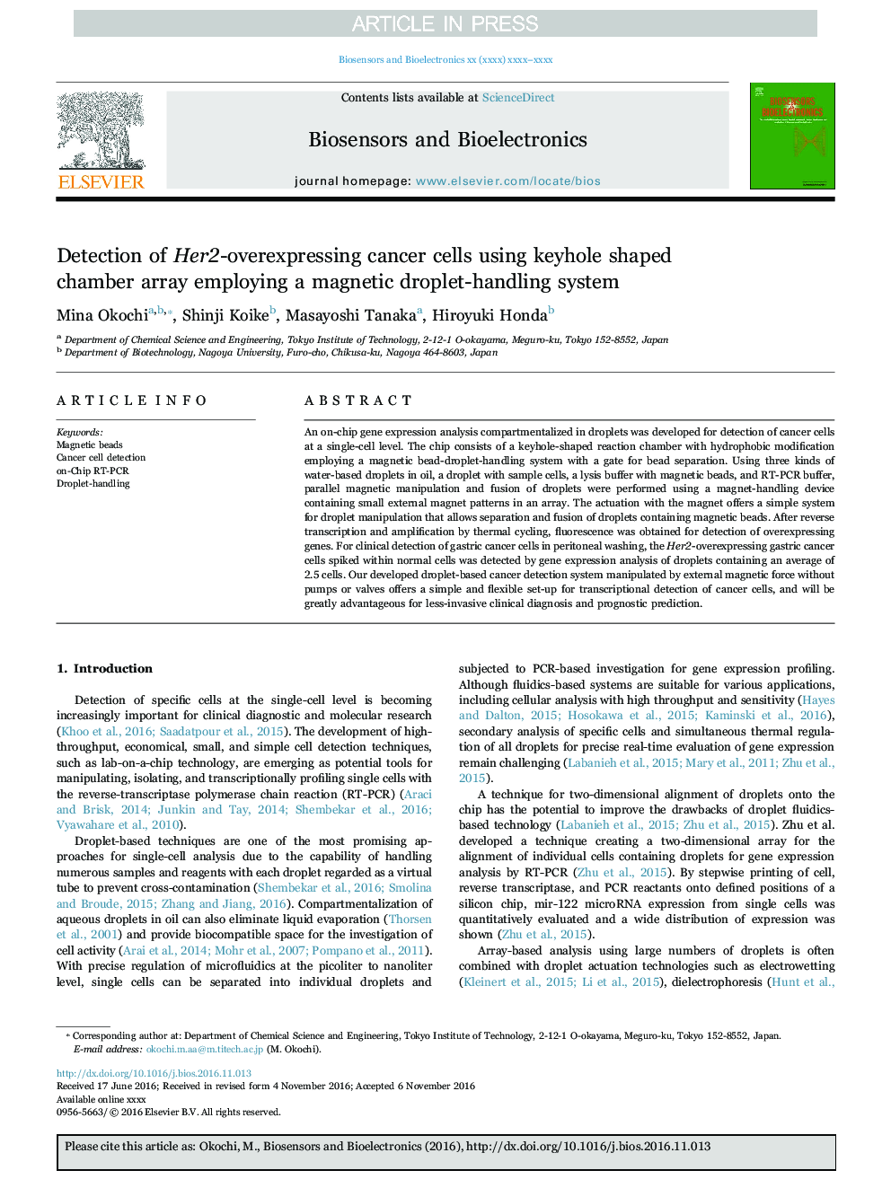 Detection of Her2-overexpressing cancer cells using keyhole shaped chamber array employing a magnetic droplet-handling system