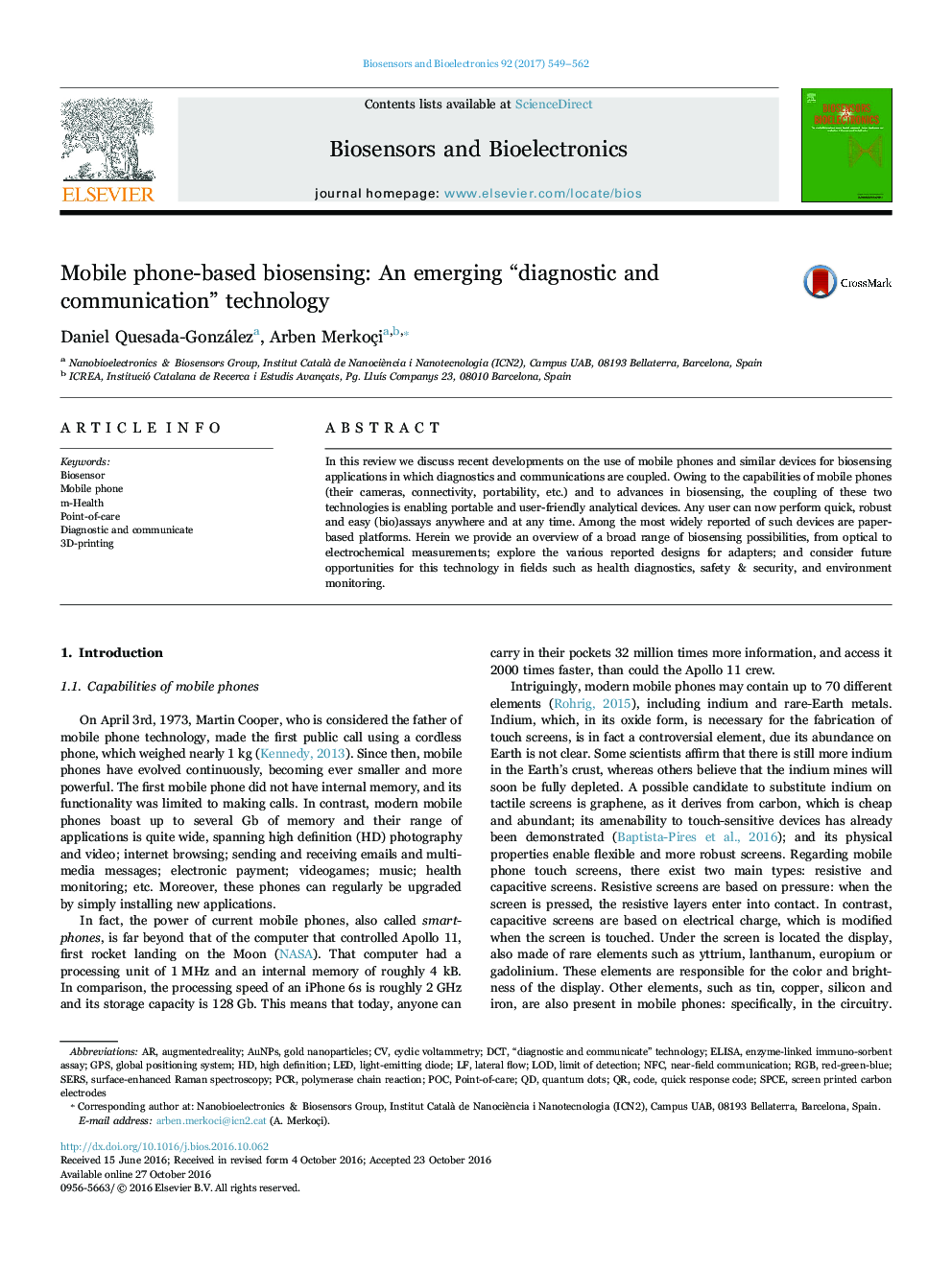 Mobile phone-based biosensing: An emerging “diagnostic and communication” technology