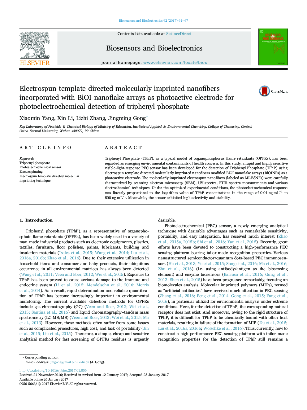 Electrospun template directed molecularly imprinted nanofibers incorporated with BiOI nanoflake arrays as photoactive electrode for photoelectrochemical detection of triphenyl phosphate