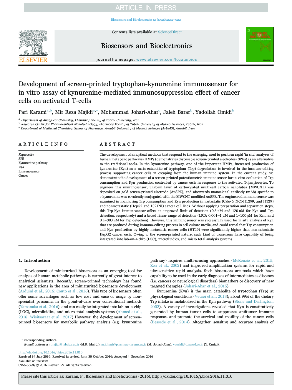 عکس صفحه اول مقاله: Development of screen-printed tryptophan-kynurenine immunosensor for in vitro assay of kynurenine-mediated immunosuppression effect of cancer cells on activated T-cells Development of screen-printed tryptophan-kynurenine immunosensor for in vitro assay of kynurenine-mediated immunosuppression effect of cancer cells on activated T-cells