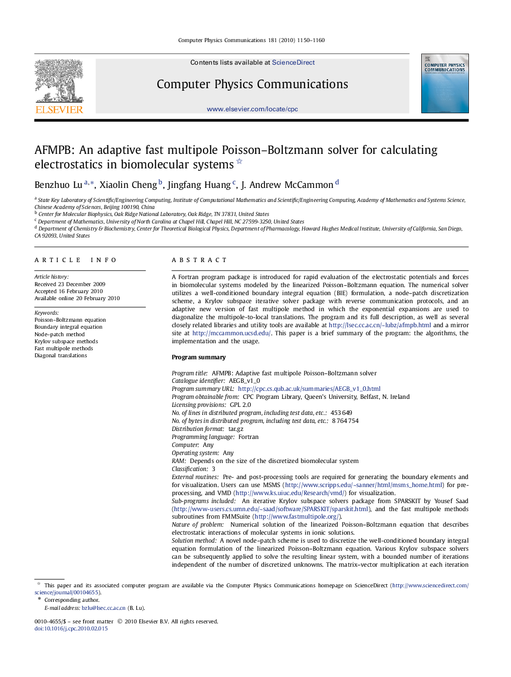 AFMPB: An adaptive fast multipole Poisson–Boltzmann solver for calculating electrostatics in biomolecular systems 