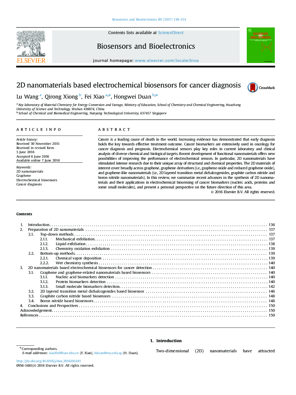 2D nanomaterials based electrochemical biosensors for cancer diagnosis