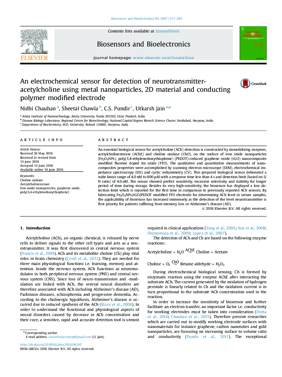 An electrochemical sensor for detection of neurotransmitter-acetylcholine using metal nanoparticles, 2D material and conducting polymer modified electrode