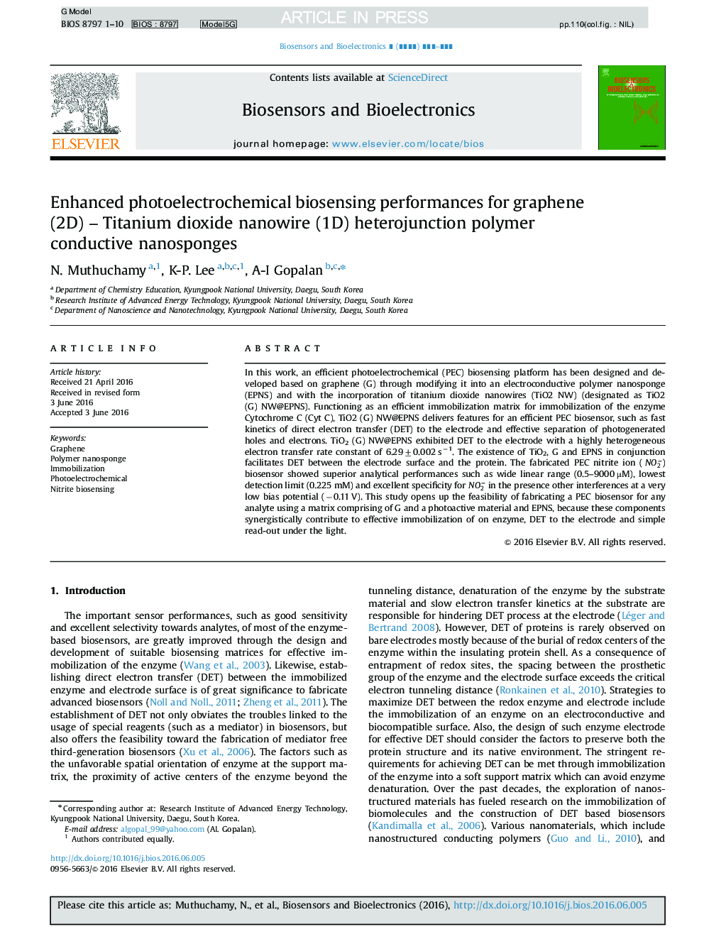 Enhanced photoelectrochemical biosensing performances for graphene (2D) - Titanium dioxide nanowire (1D) heterojunction polymer conductive nanosponges