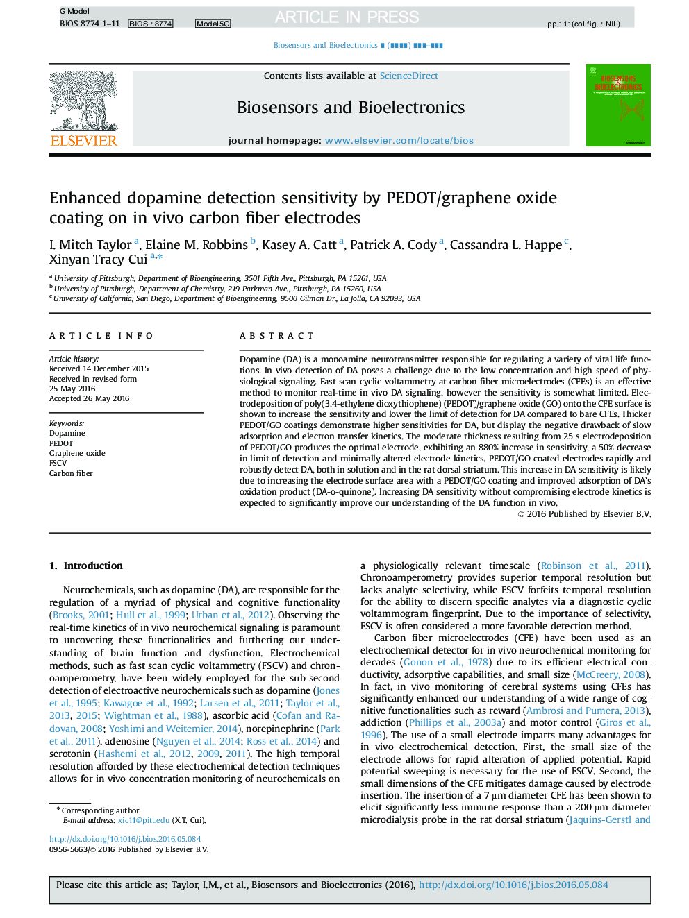 Enhanced dopamine detection sensitivity by PEDOT/graphene oxide coating on in vivo carbon fiber electrodes