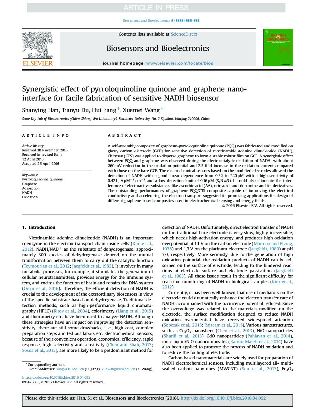 Synergistic effect of pyrroloquinoline quinone and graphene nano-interface for facile fabrication of sensitive NADH biosensor