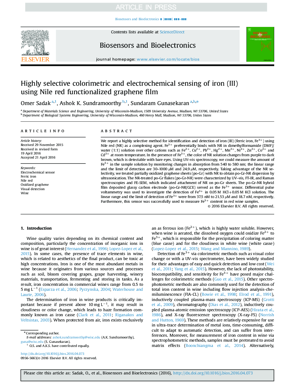 Highly selective colorimetric and electrochemical sensing of iron (III) using Nile red functionalized graphene film