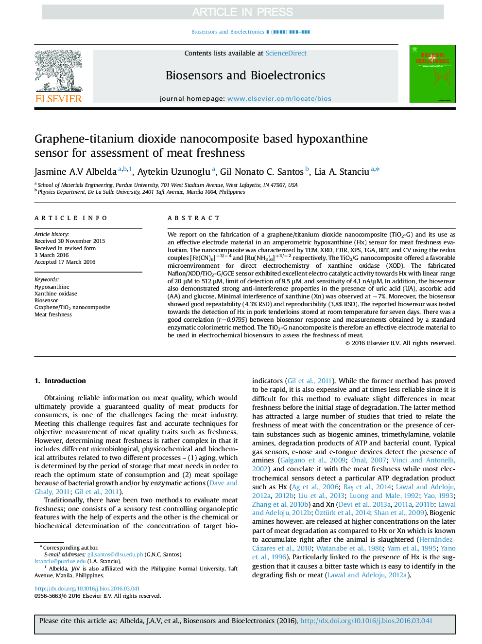 Graphene-titanium dioxide nanocomposite based hypoxanthine sensor for assessment of meat freshness