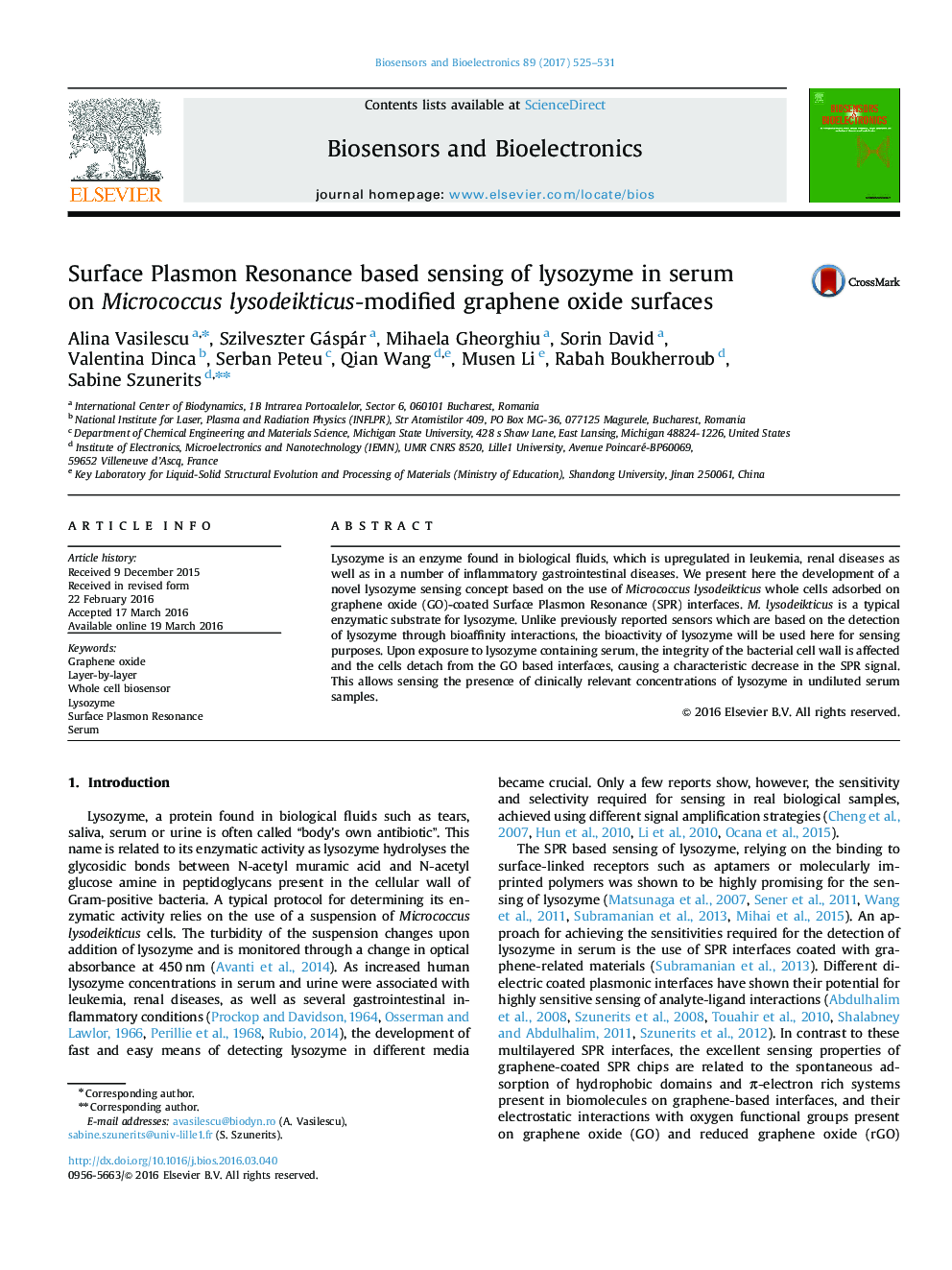 Surface Plasmon Resonance based sensing of lysozyme in serum on Micrococcus lysodeikticus-modified graphene oxide surfaces