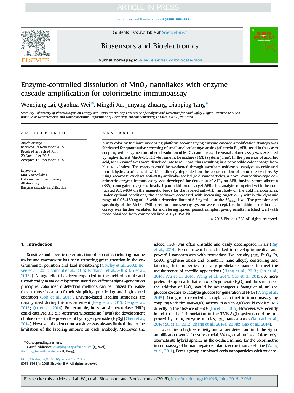 Enzyme-controlled dissolution of MnO2 nanoflakes with enzyme cascade amplification for colorimetric immunoassay