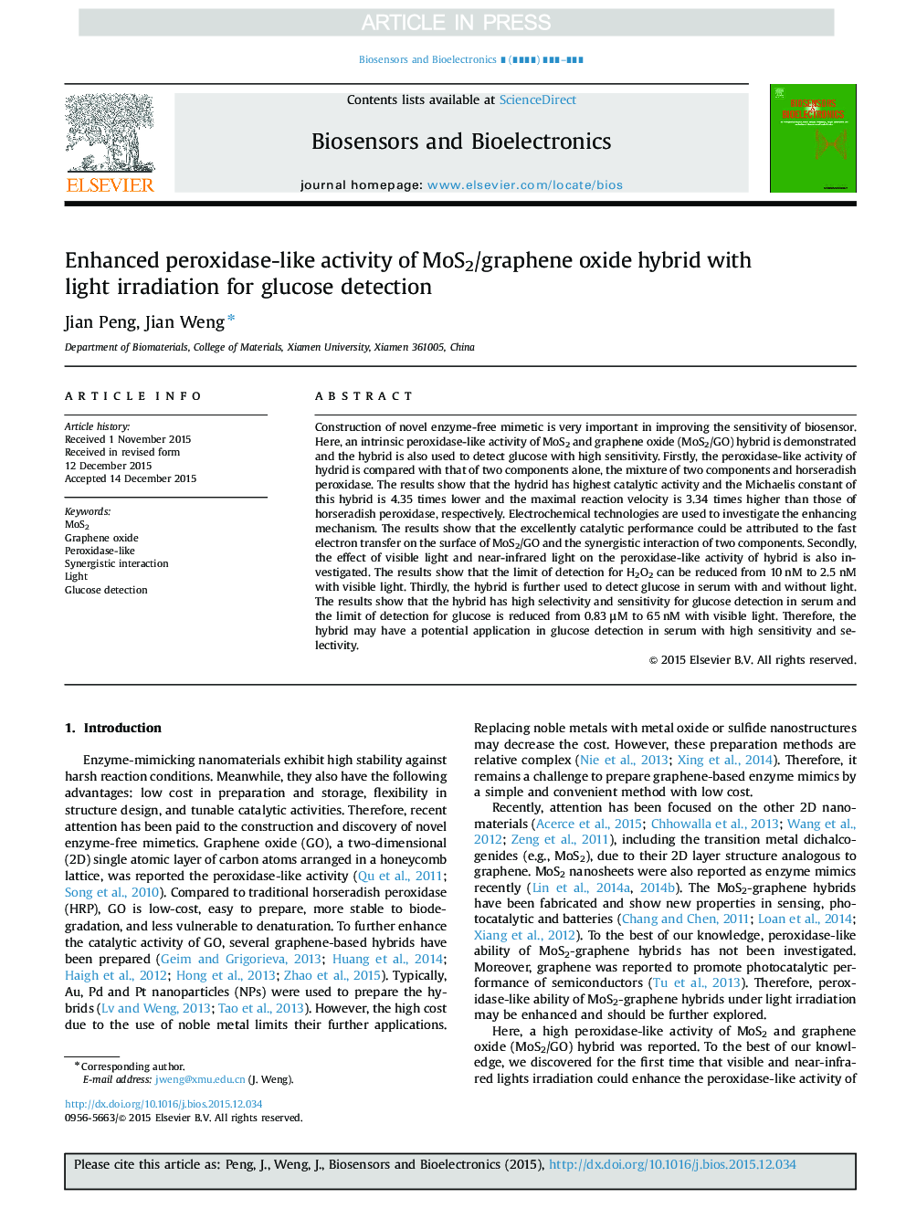 Enhanced peroxidase-like activity of MoS2/graphene oxide hybrid with light irradiation for glucose detection