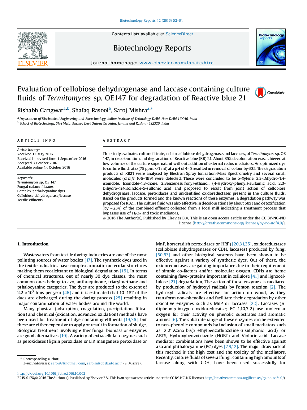 Evaluation of cellobiose dehydrogenase and laccase containing culture fluids of Termitomyces sp. OE147 for degradation of Reactive blue 21