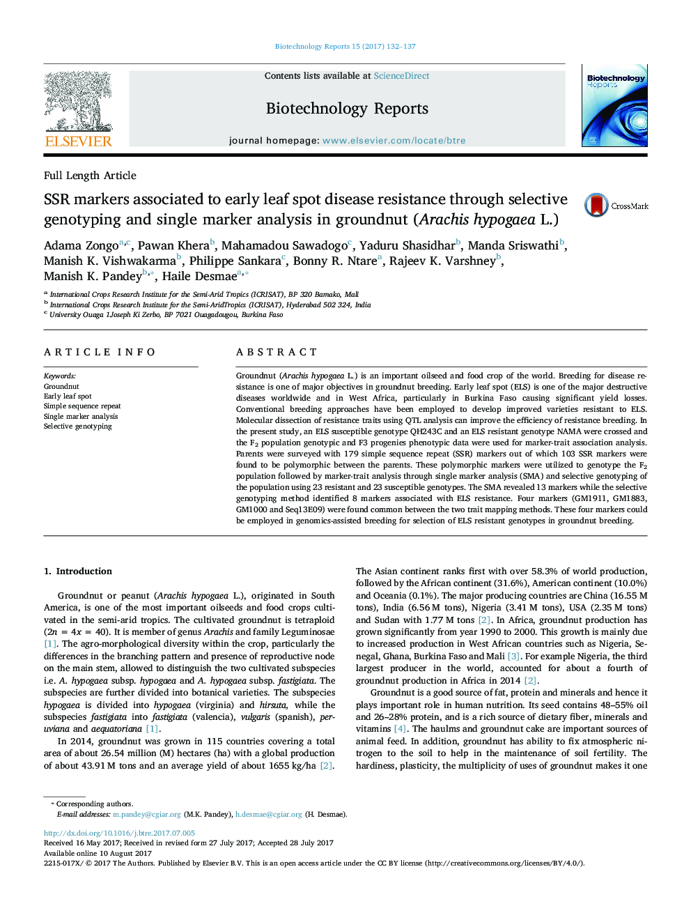 SSR markers associated to early leaf spot disease resistance through selective genotyping and single marker analysis in groundnut (Arachis hypogaea L.)