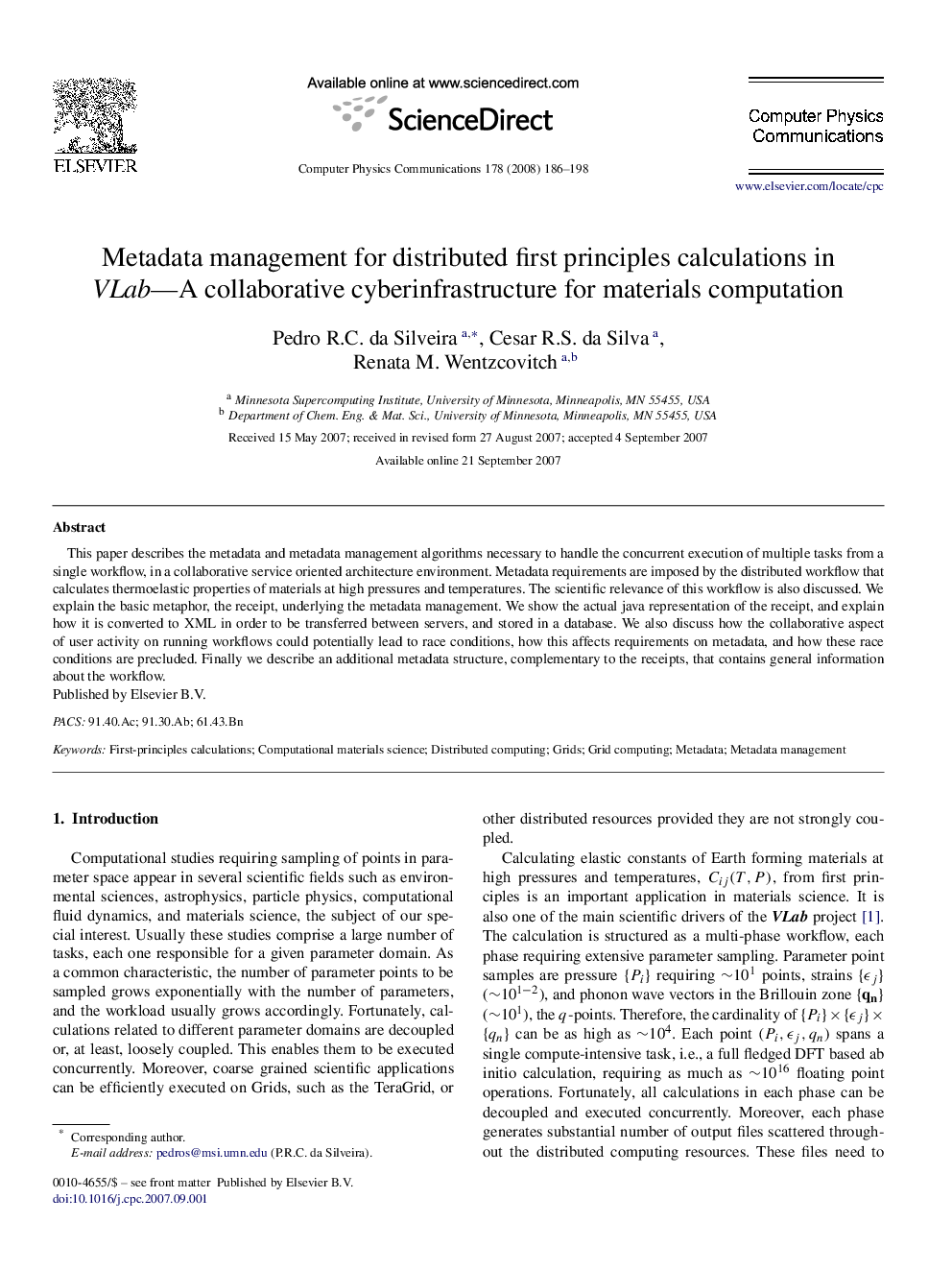 Metadata management for distributed first principles calculations in VLab—A collaborative cyberinfrastructure for materials computation