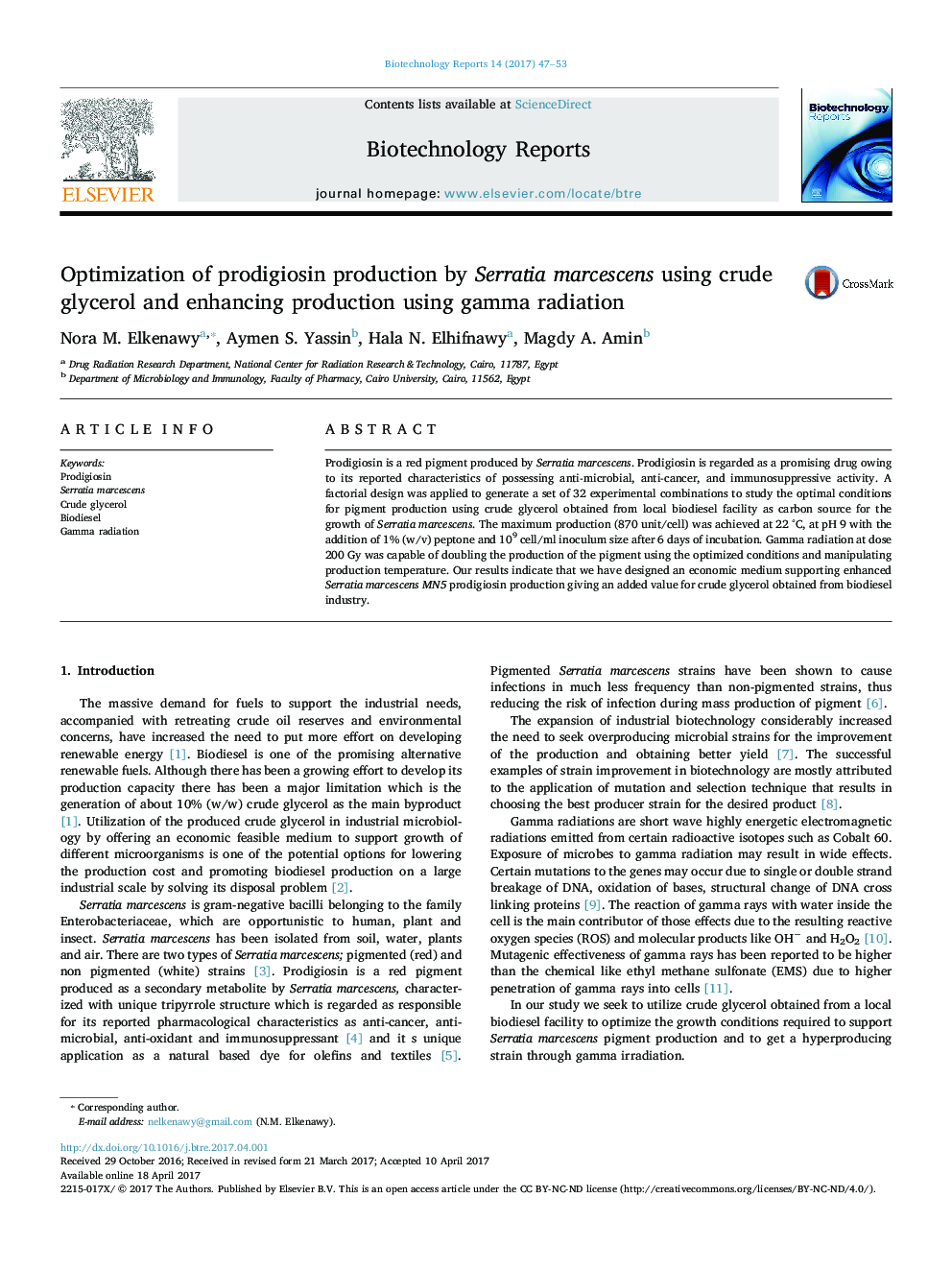 Optimization of prodigiosin production by Serratia marcescens using crude glycerol and enhancing production using gamma radiation