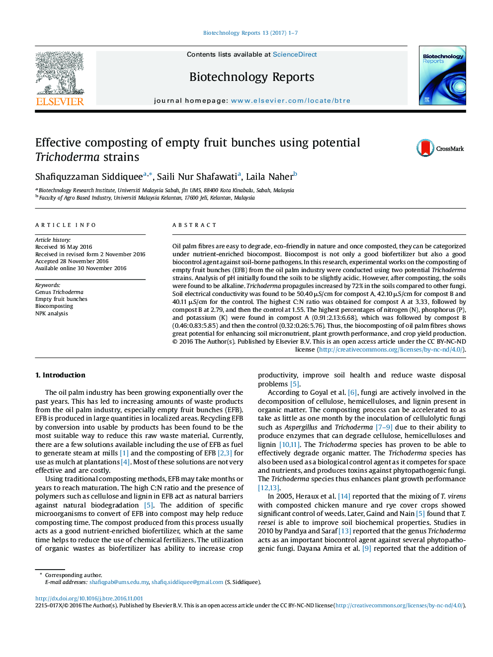 Effective composting of empty fruit bunches using potential Trichoderma strains