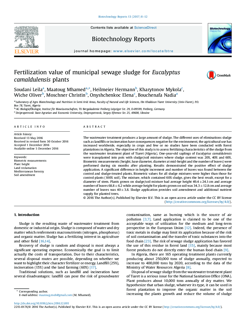 Fertilization value of municipal sewage sludge for Eucalyptus camaldulensis plants