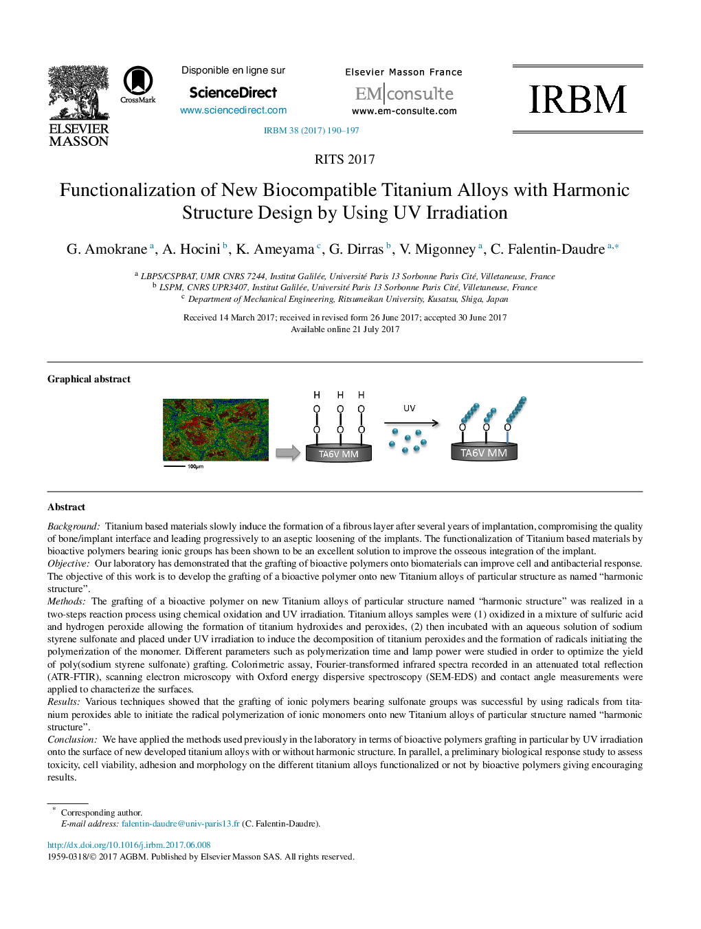 Functionalization of New Biocompatible Titanium Alloys with Harmonic Structure Design by Using UV Irradiation