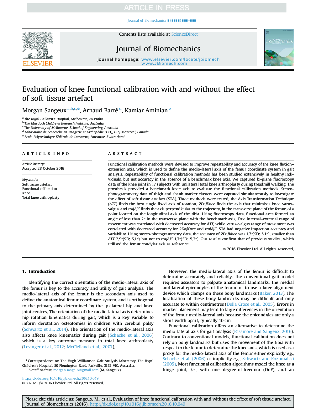 Evaluation of knee functional calibration with and without the effect of soft tissue artefact