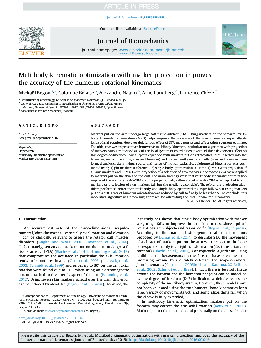 Multibody kinematics optimization with marker projection improves the accuracy of the humerus rotational kinematics