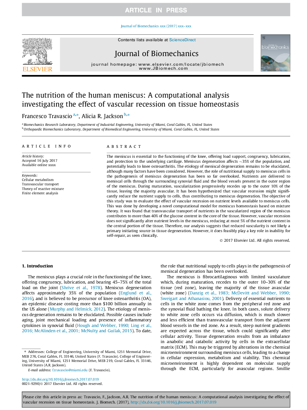 The nutrition of the human meniscus: A computational analysis investigating the effect of vascular recession on tissue homeostasis