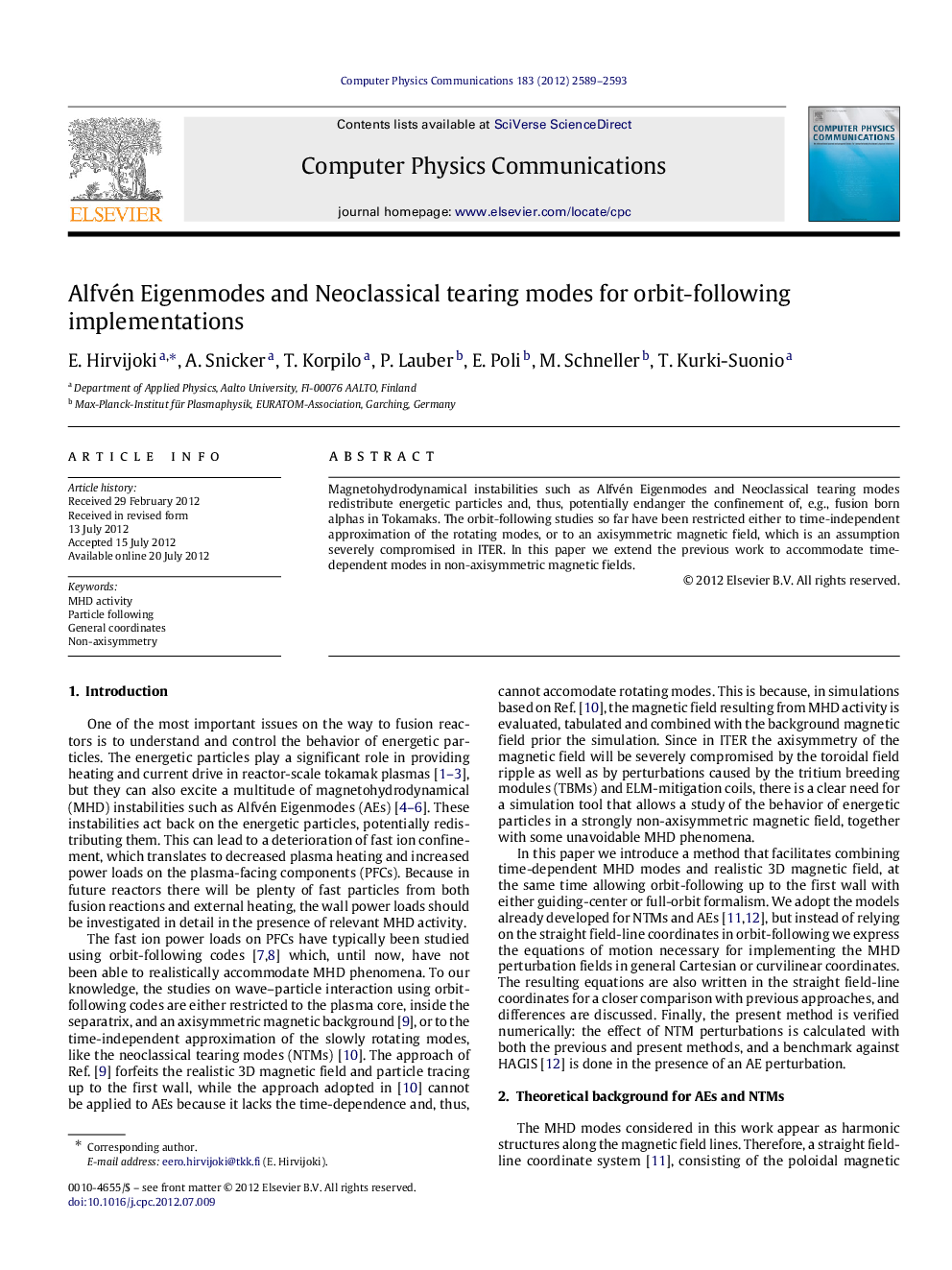 عکس صفحه اول مقاله: Alfvén Eigenmodes and Neoclassical tearing modes for orbit-following implementations Alfvén Eigenmodes and Neoclassical tearing modes for orbit-following implementations