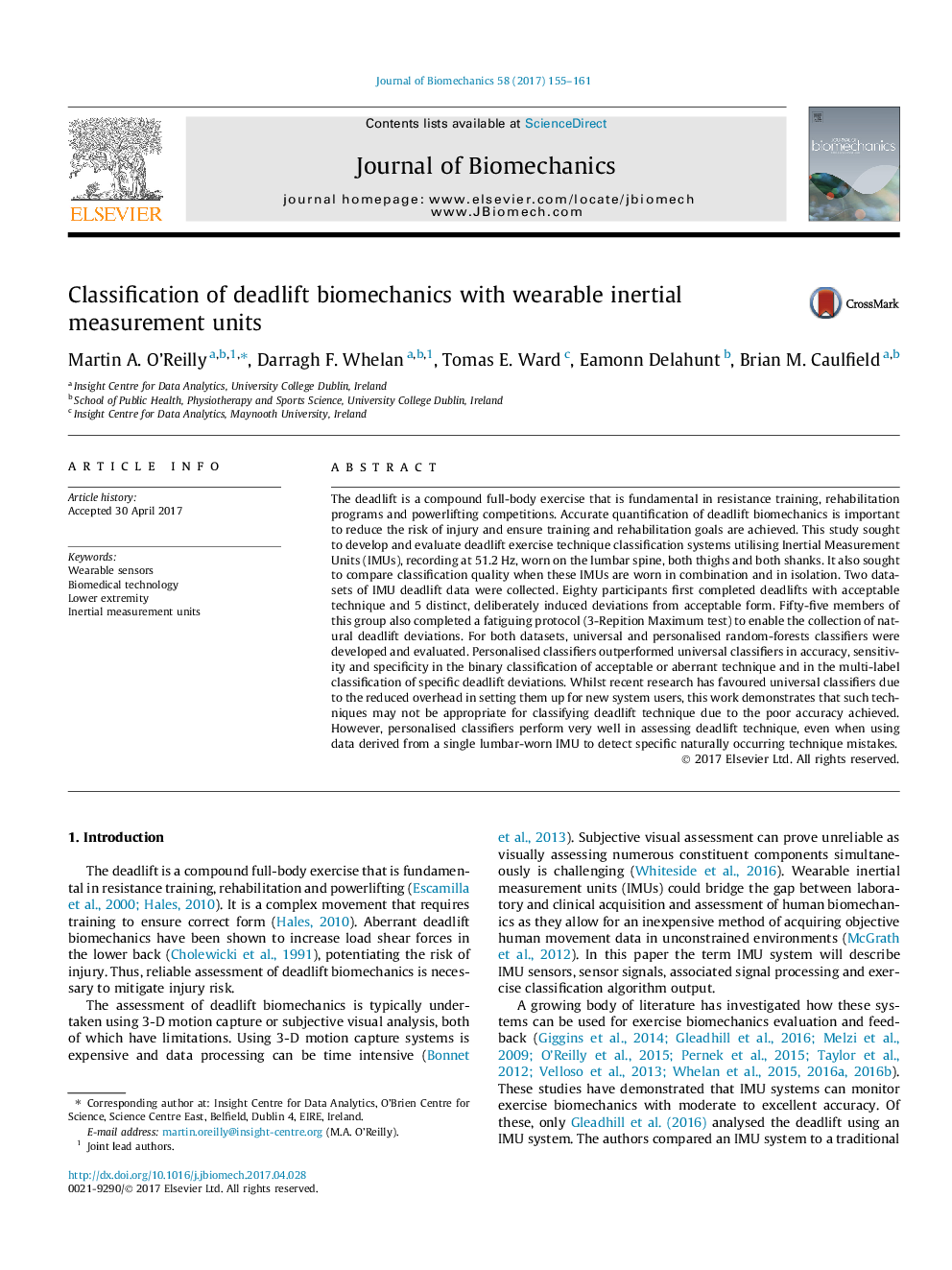 Classification of deadlift biomechanics with wearable inertial measurement units