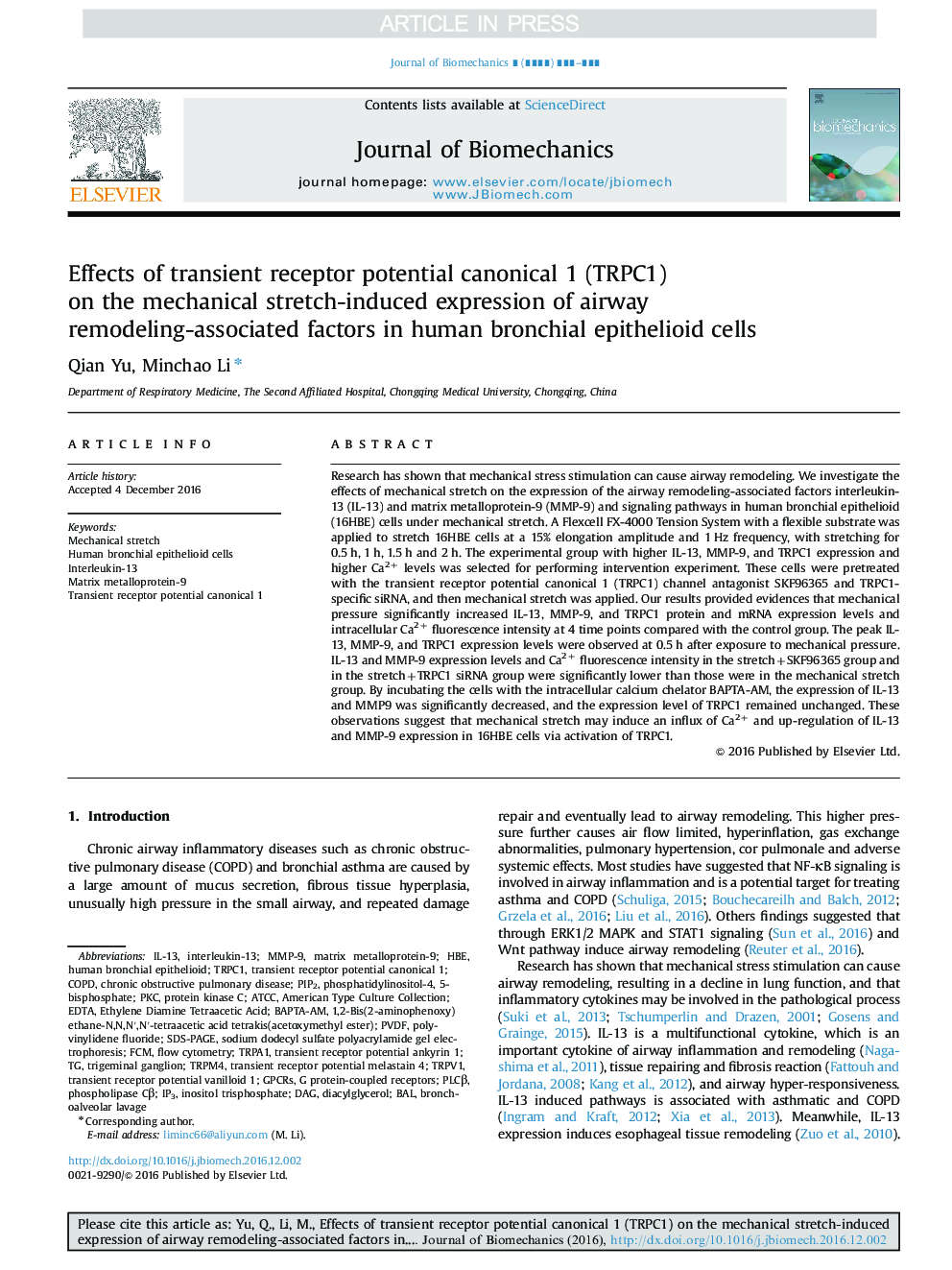 Effects of transient receptor potential canonical 1 (TRPC1) on the mechanical stretch-induced expression of airway remodeling-associated factors in human bronchial epithelioid cells