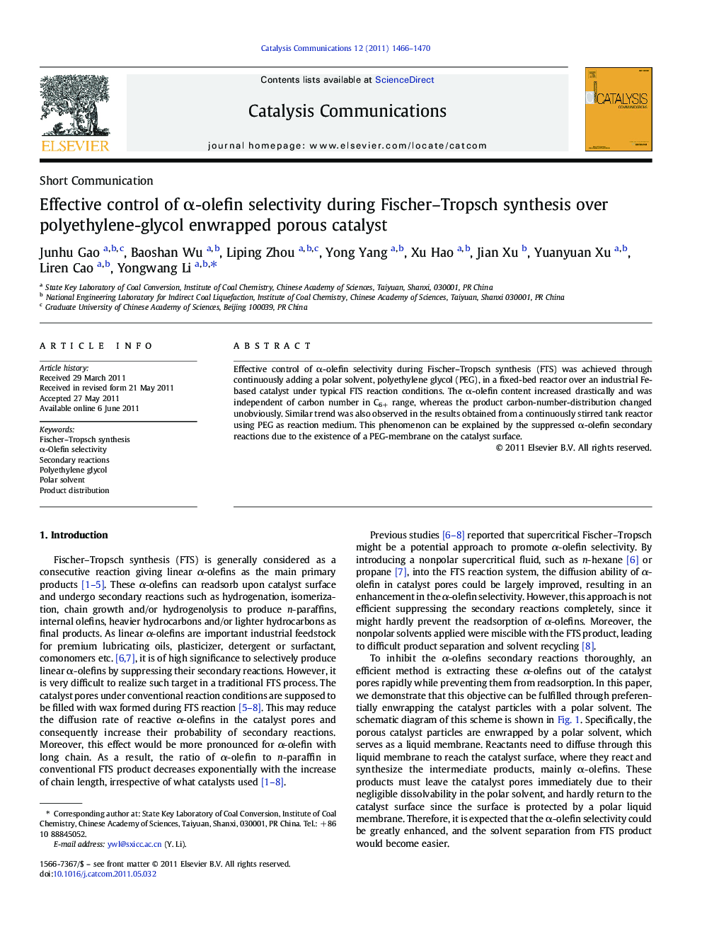 Effective control of α-olefin selectivity during Fischer–Tropsch synthesis over polyethylene-glycol enwrapped porous catalyst