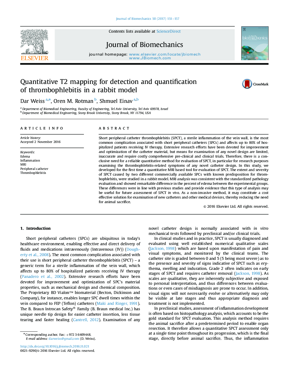 Quantitative T2 mapping for detection and quantification of thrombophlebitis in a rabbit model