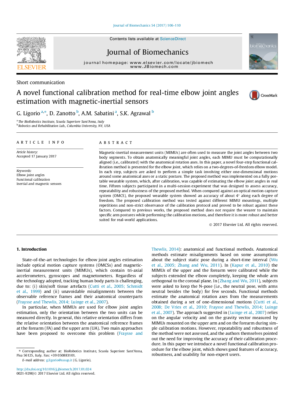 A novel functional calibration method for real-time elbow joint angles estimation with magnetic-inertial sensors