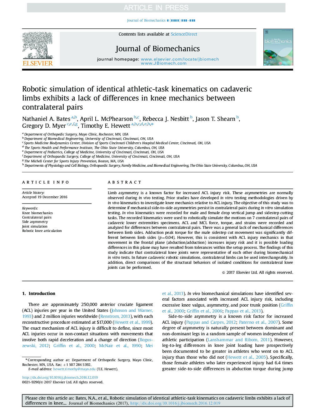 Robotic simulation of identical athletic-task kinematics on cadaveric limbs exhibits a lack of differences in knee mechanics between contralateral pairs