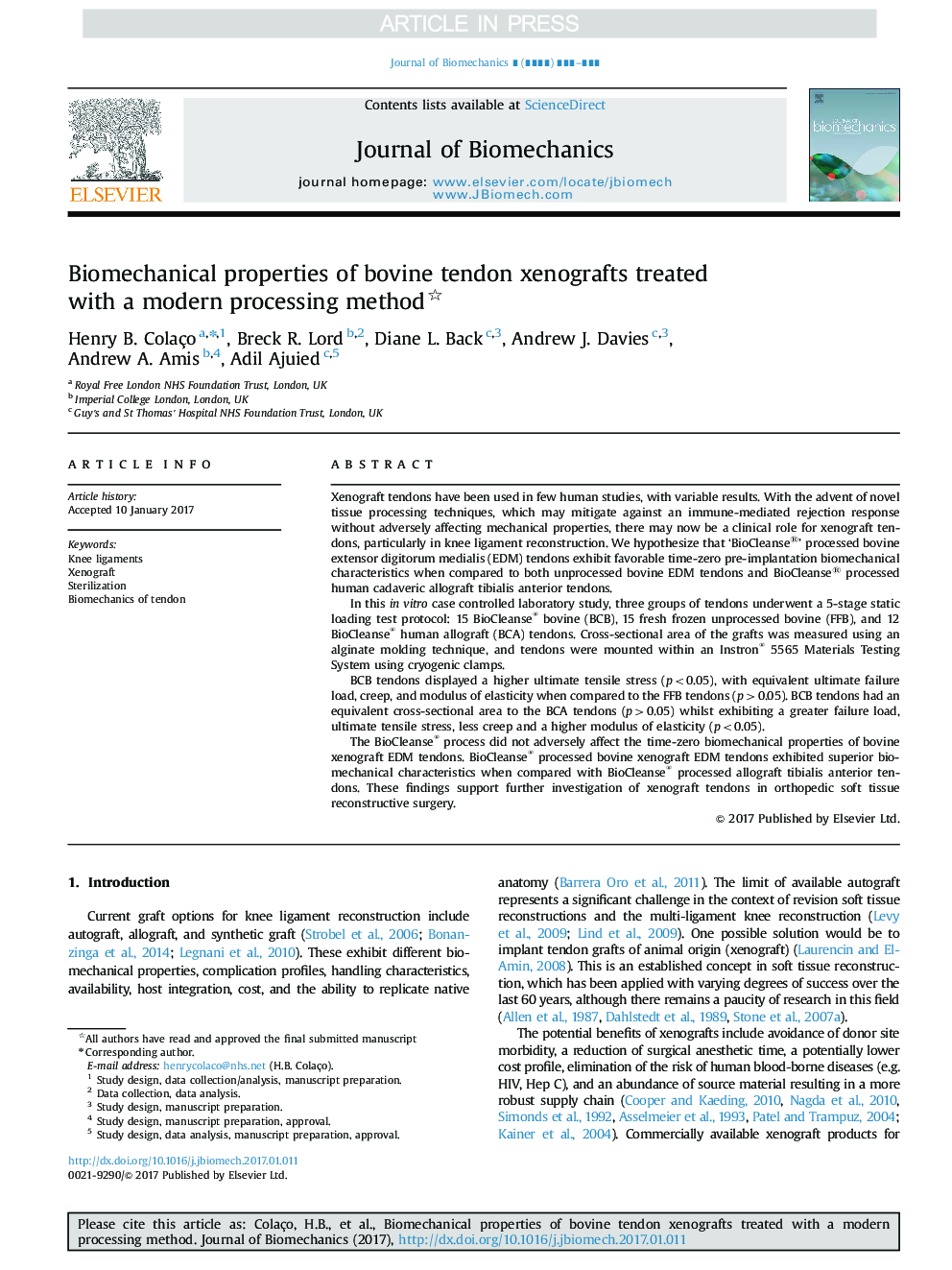 Biomechanical properties of bovine tendon xenografts treated with a modern processing method