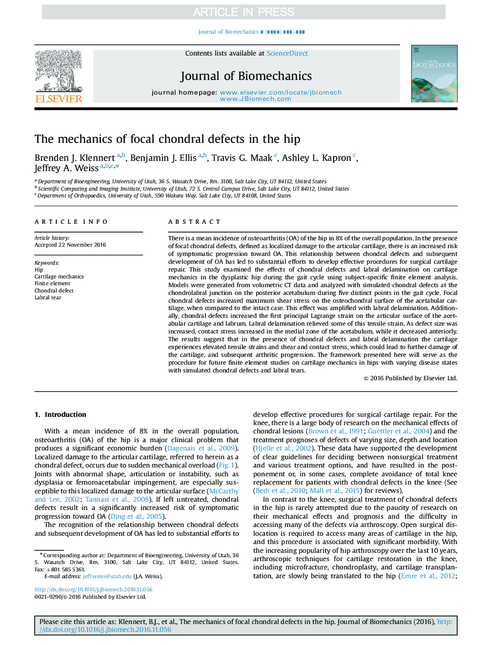 The mechanics of focal chondral defects in the hip