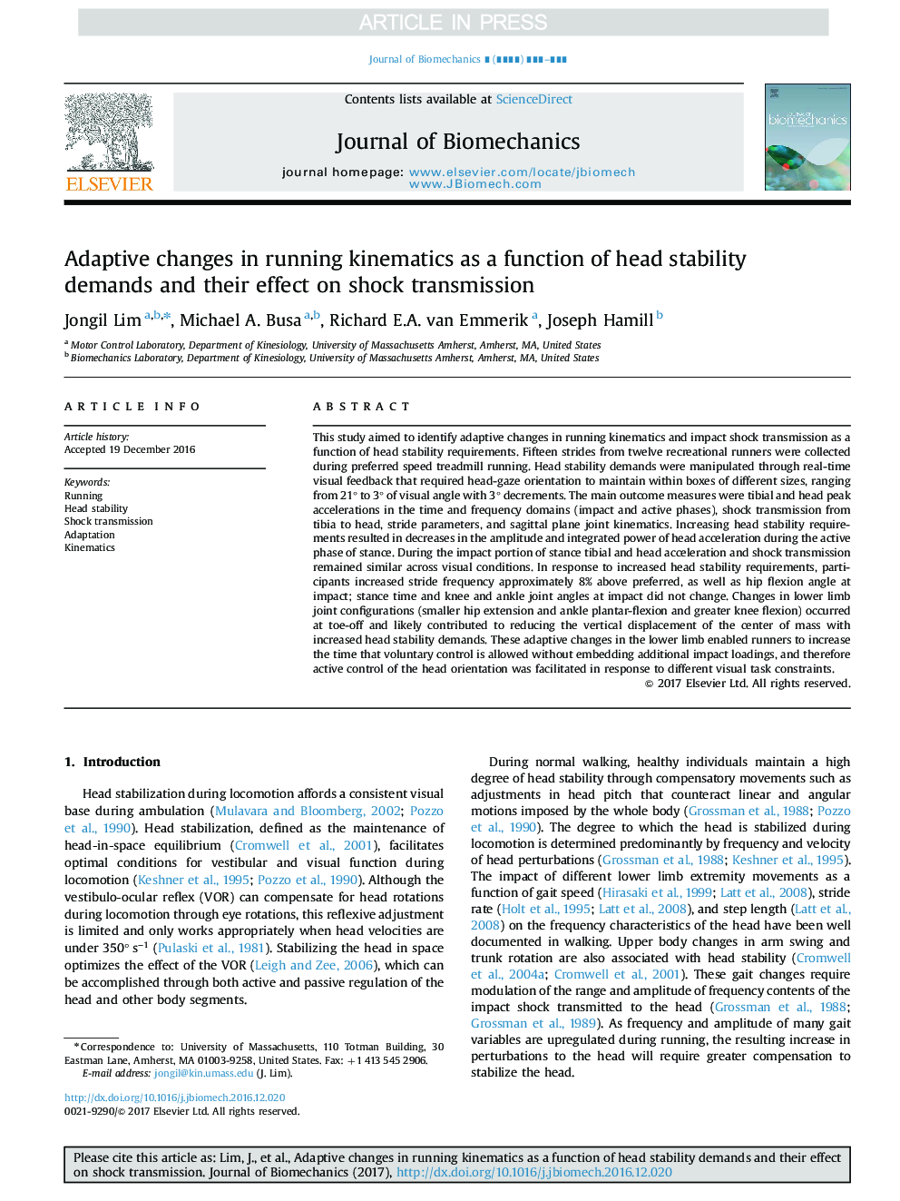 Adaptive changes in running kinematics as a function of head stability demands and their effect on shock transmission