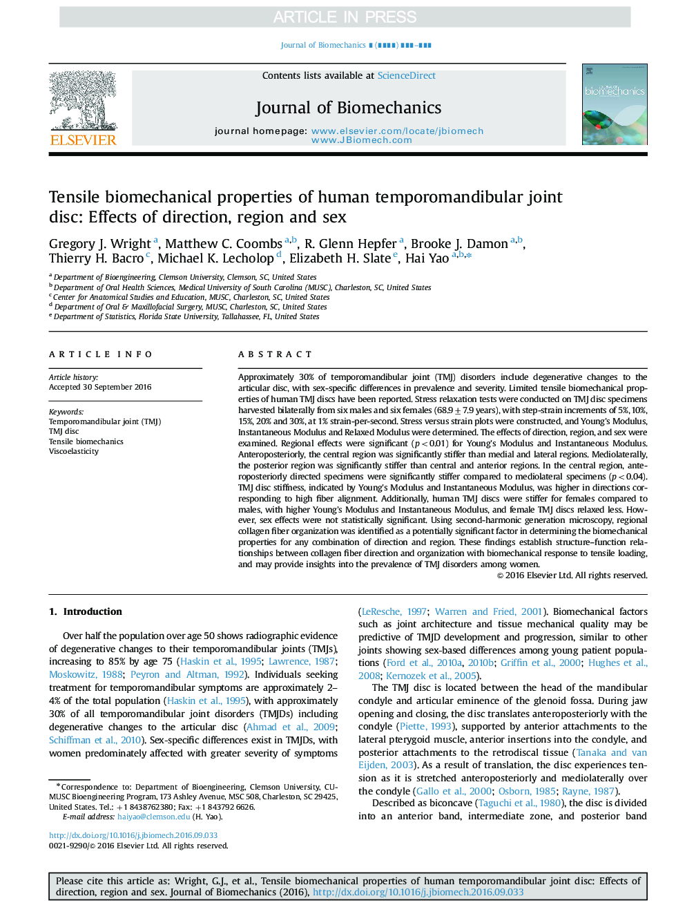 Tensile biomechanical properties of human temporomandibular joint disc: Effects of direction, region and sex