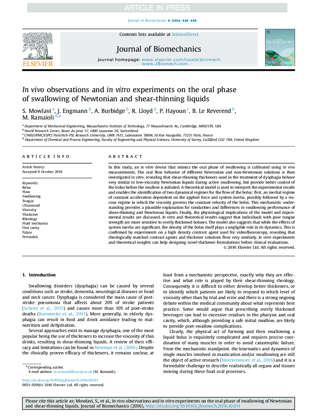 In vivo observations and in vitro experiments on the oral phase of swallowing of Newtonian and shear-thinning liquids